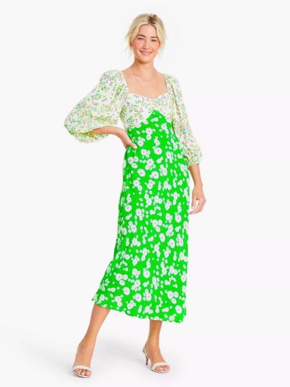 RIXO for Target Daisy Floral Puff Sleeve Midi Swing Dress Green Size 12